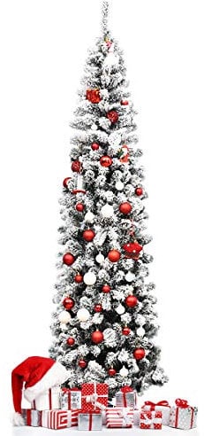 RELAX4LIFE Albero di Natale Slim 140/180/225 cm, Albero di Natale Innevato con 242/500/641 Rami Realistici e Folti e Base Pieghevole in Metallo, per Casa e Negozio (225 cm)