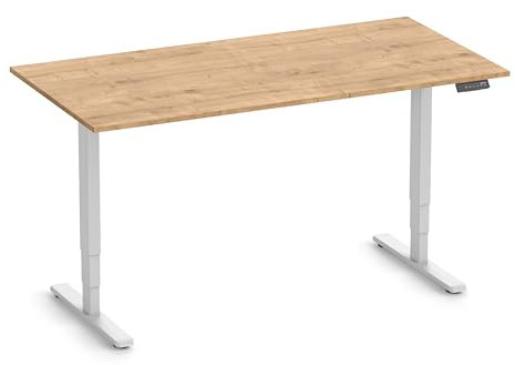 Ergolutions® FOKUS Schreibtisch, Gestell Weiß, Tischplatte 1600 x 800 x 19 mm Eiche - Elektrisch höhenverstellbar bis 128 cm, 80kg Traglast, schnelle leise Motoren, ergonomischer Standing-Desk