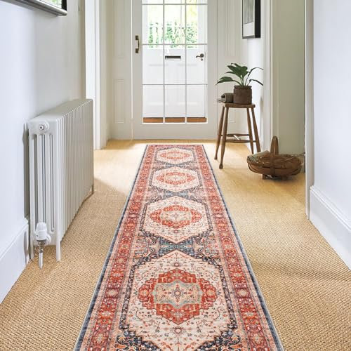 Carvapet Läufer Teppich 60x300cm rutschfest Lang Teppichläufer Waschbar Mikrofaser Vintage Medaillon Orange Teppich Flächenteppich Laufteppich