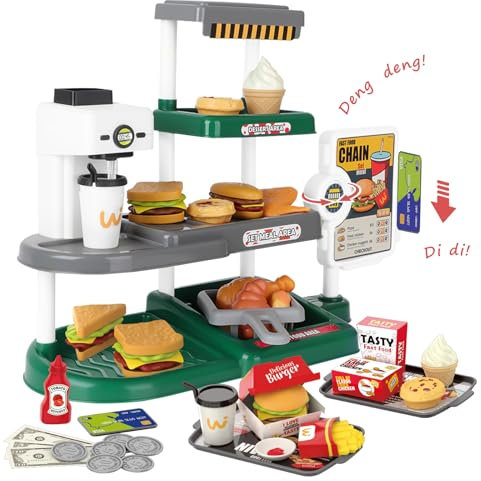deAO Fast Food Kaufladen Spiel mit Sound inkl. Realistischer Chip Burger Pommes Brathähnchen, Spielgeld, Kaffeemaschine mit Auslassfunktion, Fast Food Restaurant Kinder für Rollenspiele Ab 3+