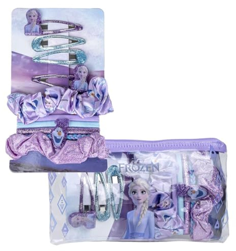 Frozen Beauty-Set, enthält 2 Haargummis aus Stoff, 4 Haargummis, 4 Haargummis, 4 Haarnadeln und Kulturbeutel, ideal um Ihre Kleinen zu überraschen