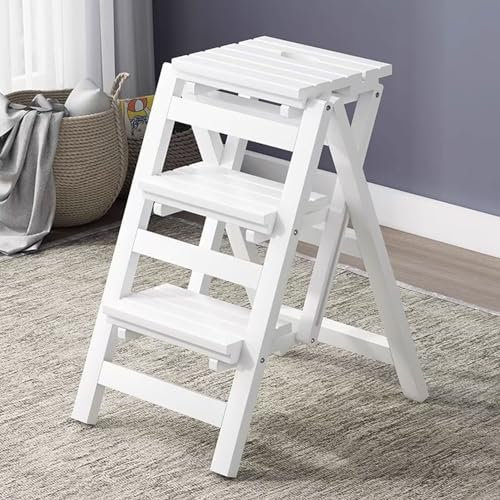 Escabeau Blanc en Bois avec Bande de roulement antidérapante de sécurité – Escabeau Pliable léger pour Enfants et Adultes, bibliothèque Utilisation intérieure et extérieure, Support d'échelle Mobile