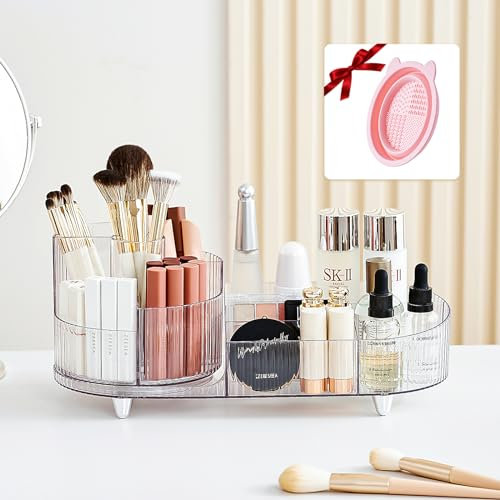 Make Up Organizer, Schminktisch Organizer 360° Drehbar und Fach 2-in-1, Kosmetik Organizer für Schminktisch, Bad, Makeup Organizers, Badezimmer Organizer, Skincare Organizer (Kristallklar)