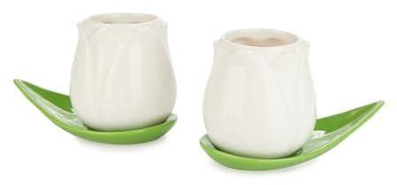Balvi Set Tazas café Tulip Color Blanco/Verde 2 Tazas con Forma de tulipán y 2 Platos con Forma de ho