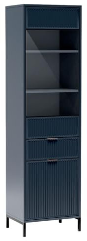 Lomadox Vitrine in Indigo blau mit Rillenoptik Vitrinenschrank 2 Türen 1 Schublade Hochschrank Glasvitrine