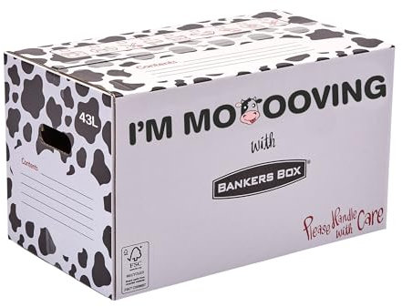 5 BANKERS BOX Strong Moving Boxes, 43l Large Cardboard Boxes, Packing Boxes for Moving House with Handles, 51cm × 29cm × 29cm (Pack of 5). Cow Print