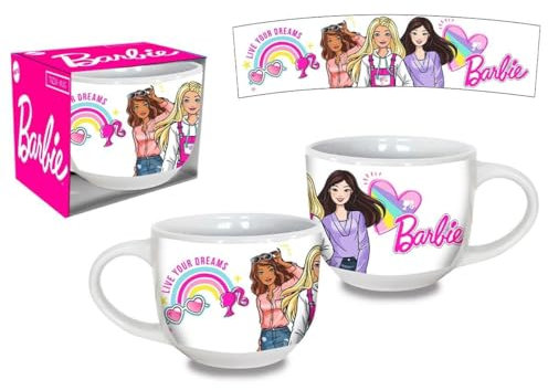 Taza Barbi de Desayuno Ancha Jumbo 600 ml en Caja de Regalo, Vaso de Cerámica con Mango Bebidas Calientes Frías para Niñas 12x8x12 cm.Multicolor