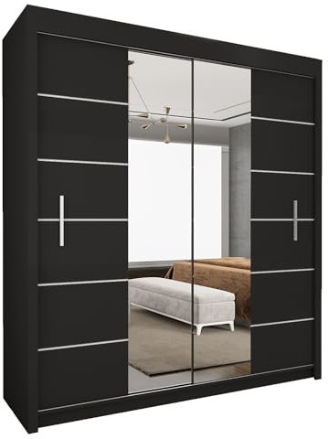 Style Heaven Modern Sliding Door Wardrobe for Bedroom,Matt Finish,2 Mirrored Sliding Doors wardrobes 6 Adjustable Shelves & 2Hanging Rail,made of MDF Chipboard, aluminium Handles Lisbon(180cm Black)