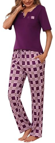 Bresdk Schlafanzug Damen Lang Pyjama Set Kurzarm Oberteil mit Lange Schlafanzughose Lila M