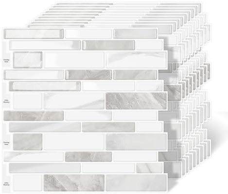 MOONFUN 10 Sheet Peel and Stick Backsplash Tiles, 12 X 12 Inch Beige White Self Adhesive Tile Sticker for Backsplash Kitchen,Bathroom