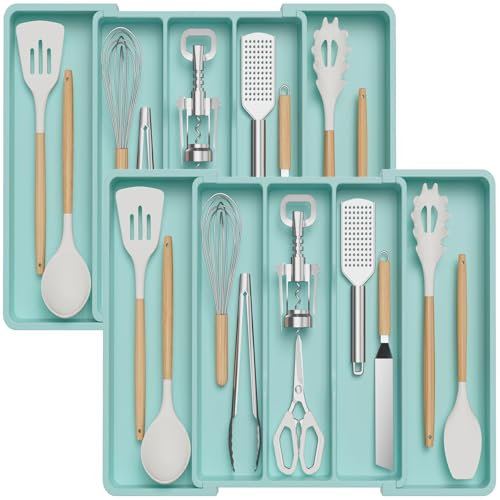 Lifewit 2er-Set Besteckkasten für Schubladen, Großer Utensilienständer Erweiterbar auf 57 cm, Küchenutensilienhalter Tiefe 38 cm, Kunststoff Besteckhalter Küche Organizer für Messer/Gabel, Türkis