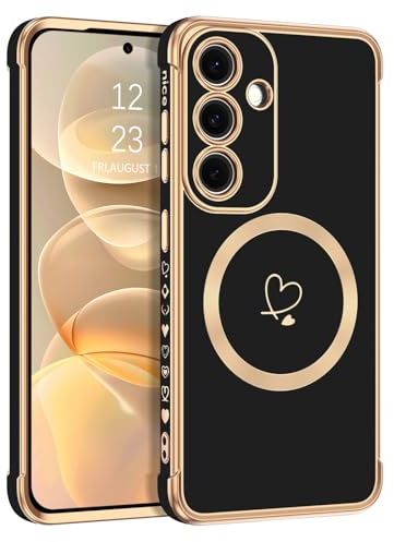 Telaso Magnetische Hülle für Samsung Galaxy S25, Handyhülle für Samsung S25 Niedliches Herz Muster Weiche Plattierung Abdeckung für Frauen, Schutz der Kamera, Schwarz