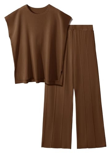 PASUDA Zweiteiler Damen Elegant Pullover Sets Hausanzug Strickpullover Tops Elastische Taille Weites Hose Lounge Sets Rundhalsausschnitt Outfit Freizeitanzug Trainingsanzug (Braun, L)