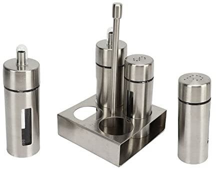 KIMISS Oil and Vinegar Salt Pepper Cruet Bottle Set, Four Piece 304 Stainless Steel Seasoning Bottle Soy Shakers Sauce Desktop Jar Set Stainless Steel Dispenser Shaker with Base Stand