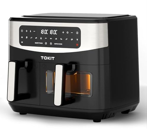 TOKIT Friteuse À Air Double Panier 10 L (4 L X 6 L), XXL Double Zone Air Fryer 12 En 1 Programmes De Cuisson Friteuse sans Huile avec 2 Tiroir Friteuses à Air