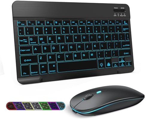 Bluetooth Keyboard and Mouse Set, 10'' Ultra Slim Rechargeable Wireless Keyboard and Mouse Combo with 7-Color Backlit for IOS, Mac, IPad, Windows and Android 3.0 and above OS