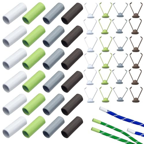 24PCS Rope Stoppers, Metal Rope Ends Shoelace Head, Hoodie Rope Buckle, Rope Fastener Rope Head Buttons for Sweatpants Drawstrings Backpacks Shoelace Replacement Accessories(Brown+Grey+White+Green)