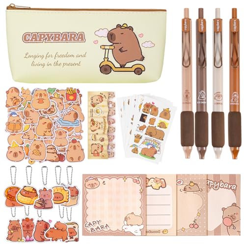 Capybara Stationery Set, Include 1Pcs Capybara Pencil Case, 4Pcs Gel Ink Pens, 10Pcs Keyrings,10 Sheets Temporary Tattoos, 200Pcs Sticky Notes,50Pcs Stickers,120Pcs Index Stickers for Kids Students