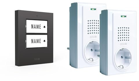 m-e Funkklingel BELL-5022 A, für 2-Familienhaus, Kunststoff anthrazit Klingeltaster und 2 Türglocken für Steckdose | Erweiterbare kabellose Funk-Türklingel | 250 Meter Funk-Reichweite