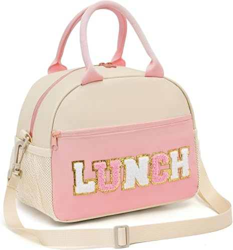 Lunchtasche für Damen, Preppy Lunchbox für Mädchen – Große isolierte Lunchtasche mit verstellbarem Schultergurt, wiederverwendbare Tragetasche mit Chenille-Buchstaben für Arbeit, Schule & Picknick