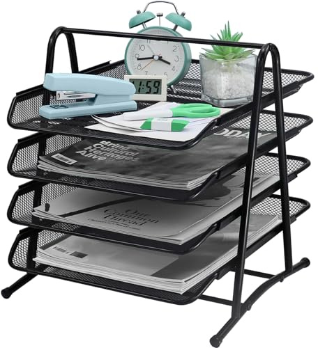HIHOBDAY 4 Tier Sliding Paper Organiser Mesh Letter Tray Metal Magazine File Desk Storage For Office School Home, Black