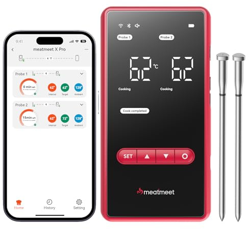 X Pro Wireless Meat Thermometer with Wi-Fi & Bluetooth, 2 Probes | 6 Built-In Sensors, IP69 Waterproof, Heat‑Resistant up to 595°C, Smart App & Base, for BBQ Grill Oven Smoker Air Fryer