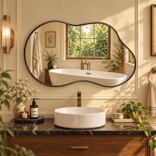 Clevich Spiegel Asymmetrisch 50 x 91 cm Rahmen Alu, HD Glas Wandspiegel | Moderner Dekor-Spiegel, Schlankes Modernes Design, für Bad Badezimmer Wohnzimmer Flur Schlafzimmer Wand Cloud-Design, Schwarz