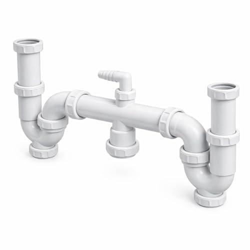 Sifón Doble Curvo para Fregadero 2 senos, Desagüe de Cocina, PVC Blanco, Sistema de Drenaje con Conexión Múltiple