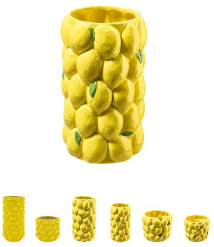 Mediterrane Zitronen-Vase & Übertopf aus Keramik - Handgefertigtes 3D-Relief Design in Gelb & Grün - Hochglanz-Glasur - Ideal für Sommerparty, Garten-Deko & Blumen-Arran (Ø 16 cm H: 27 cm Gelb/Grün)
