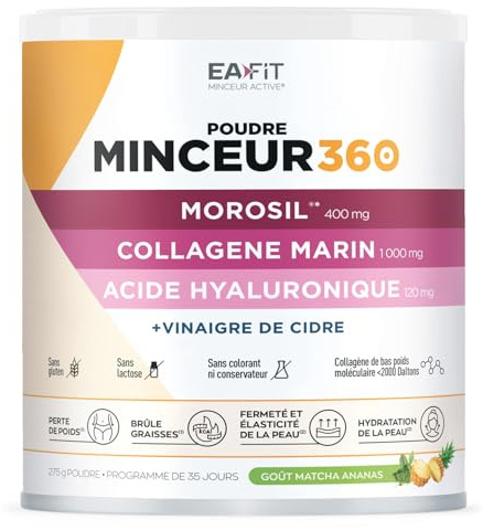 Morosil Minceur - EAFIT Minceur 360 - Collagene & Acide Hyaluronique 275 g | Morosil, Collagene Marin, Acide Hyaluronique Et Vinaigre De Cidre - Minceur & Beaute - Gout Matcha Ananas - Pot 275 g
