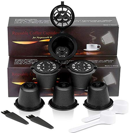 i Cafilas Capsule per Caffè Ricaricabili per Nespresso capsule Filtro, 6 Tazze +2 Cucchiaio di Plastica +2 Spazzola (nero, 6)