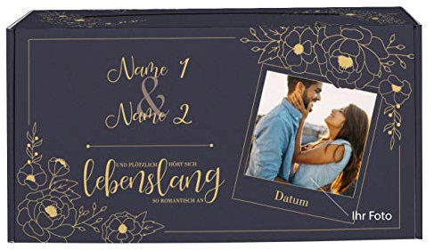 Herz & Heim® Geldbox Briefbox für Hochzeit mit persönlichem Aufdruck der Namen des Brautpaares mit Foto