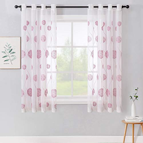 MIULEE Vorhänge mit Florales Stickerei, Gardinen Weiß mit Rosa Muste für Wohnzimmer, Schlafzimmer Vorhang Transparent mit Ösen, 2er Set Voile Blumen Durchsichtig Vorhänge, Jeder H 145 X B 140cm