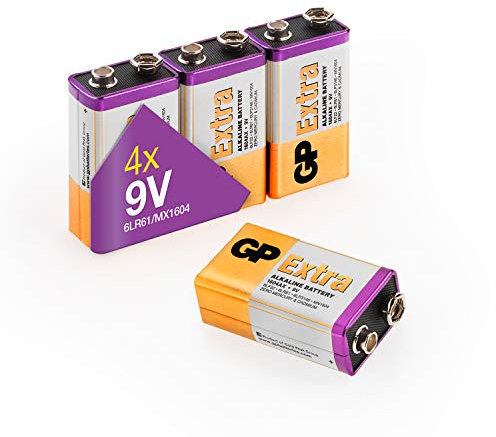 Pilas 9V - 6LR61 - Paquete de 4 Unidades | GP Extra | Pilas 6LR61 | Duración Larga, Tecnología Anti-Fugas, Rendimiento Elevado