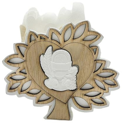 Ingrosso e Risparmio Bomboniere Comunione 6PZ Portaconfetti in Legno a Forma di Albero della Vita con Gessetto Calice ed Ostia e Sacchettino Confettata