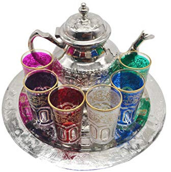 Juego de té marroquí, tetera de alpaca 800 ml, bandeja plana 30 cm y 6 vasos de colores