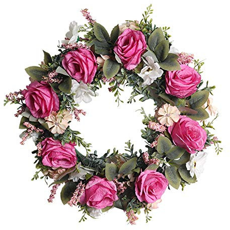 Künstlicher Kranz mit Blumen Blätter,Dekorativer Wandkranz Türkranz Eukalyptus Künstlich Kunstpflanzen Pflanzengirlande Deko Frühling für Hochzeit Haustür Fenster Kamin Wanddekoration,Rose Red Rose