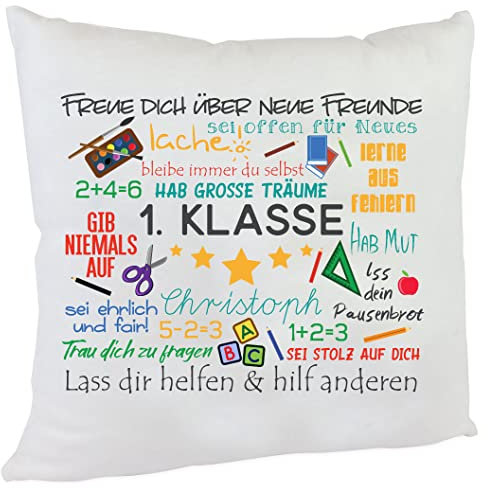 personalisiertes Kissen SCHUL-Botschaft Geschenk zur Einschulung mit Namen des Erstklässlers Einschulungsgeschenk für Mädchen und Jungen (bunt)