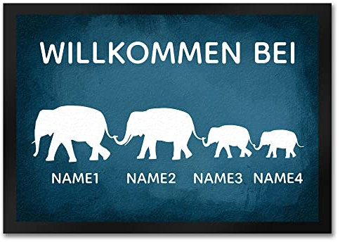 speecheese Elefanten Familie Fußmatte - personalisiert mit euren Namen - für Eltern mit Kindern um deinen Hausflur oder die Diele mit einem schönen Accessoire zu dekorieren Besucher Nachname