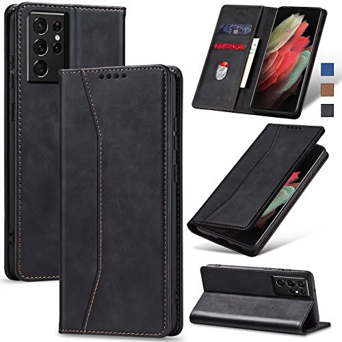 Jasonyu Handyhülle für Samsung Galaxy S21 Ultra Hülle Leder Flip Klappbare Stoßfeste Magnetische Premium PU Leder Standfunktion Kartenfächern Schutzhülle Klapphülle für Samsung S21 Ultra,Schwarz