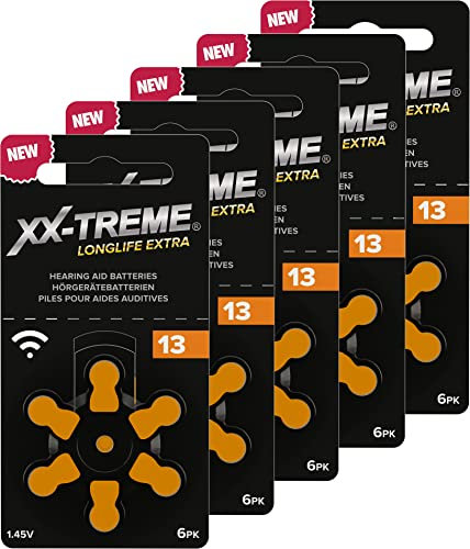 XX-Treme Lot de 5 piles pour appareils auditifs Longlife Extra - Type 13-30 piles pour appareils auditifs - PR48 - Code couleur orange 1,45 V