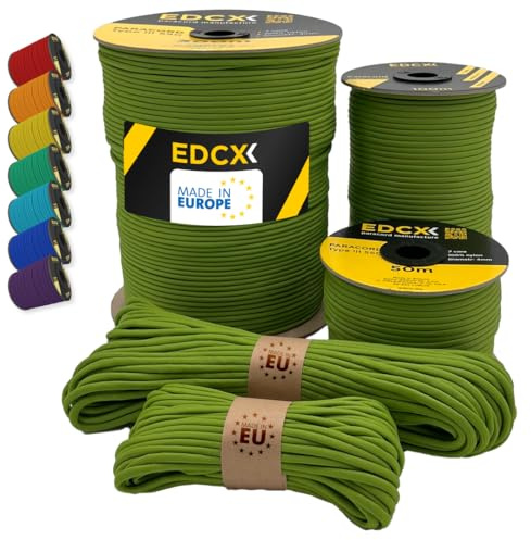 EdcX Paracord 550 4mm, 35+ Solid Colors (10m, 15m, 30m, 50m, 100m, 300m) | Green Golf, 300 m – 100% Nylon Rope 4mm, Type III 7 strand | Survival, Camping, Bushcraft, Crafts | Made in EU