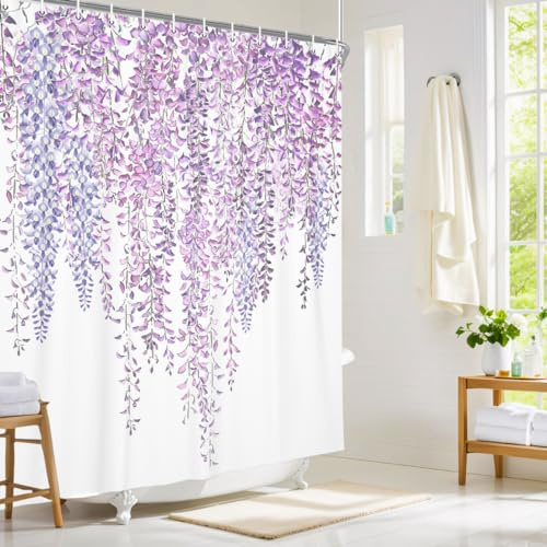 Wathon Glyzinie Duschvorhang Lila Blumen Flieder Blüte Badezimmer Dekor, Romantisch Violett Chic Kunstdruck Stoff Polyester Badvorhänge mit Haken 72W x 72L