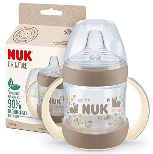NUK for Nature - Vaso para beber de 6 a 18 meses, 150 ml, asas y boquilla de silicona sostenible similar al pecho, a prueba de fugas, anticólicos, control de temperatura, sin BPA, color beige