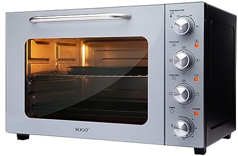 Sogo Horno Sobremesa De Convección, Rustidor y Gratinador - 58 Litros con 6 Funciones, 90 a 230°C, temporizador, puerta de Doble Vidrio 2000W, Gris/Negro