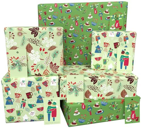 Luxury ECO Xmas Gift Wrap - 6 sheets/tags - Christmas Green Bundle (Hygge, Seeds & Cosy) - Recycled & Recyclable Wrapping Paper - Re-wrapped