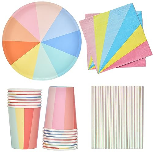 GGBOY 170 PCS Rainbow Party Plates and Cups and Napkins Sets, Rainbow Pastel Party Colorful Pride Paper Plates Supplies
