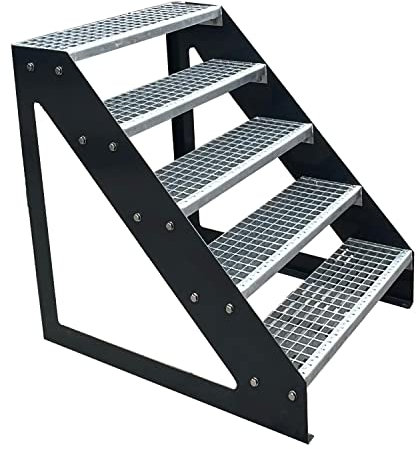 Premium Gitter Stahl Stringer Treppe 5 Stufen Freistehende Treppe Vollverzinkt und Anthrazit Pulverbeschichtete Treppenbäume - Maße (L x B x H) 101cm x 80cm x 95cm