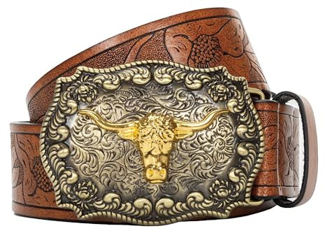 Eohak Herren-Western-Cowboy-Gürtel – Longhorn-Bull-Pattern-Schnalle, Blumen-Gravur, Schnalle, Gürtel passend für Taille 63,5 cm bis 96,5 cm, Braun, 34-38W