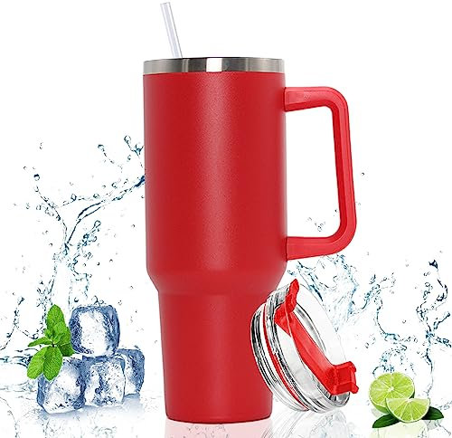 Doppelwandiger Edelstahl Vakuum Isolierbecher 40oz 1200ml Tragbare Autobecher Becher Tumbler mit Griff und Strohhalm Kaffeebecher Autobecher Reisebecher Thermobecher Für Kalte Heiße Getränke (rot)